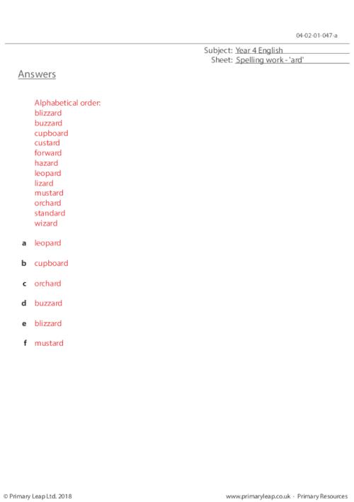 Spelling List - 'ard' 