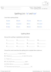 Spelling List - 'er' and 'ear'
