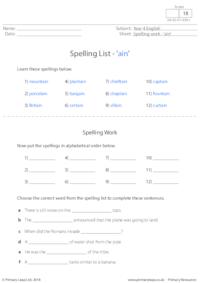 Spelling List - 'ain' 