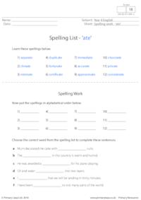 Spelling List - 'ate' 