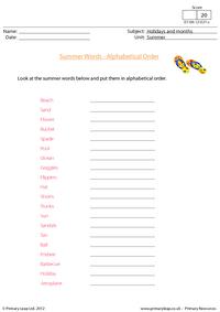 Summer words - Alphabetical order